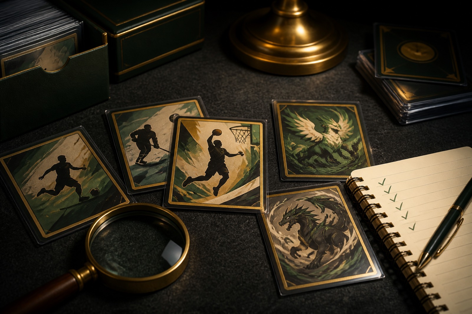 Sleeved trading cards, a magnifying glass, and a checked notebook on a dark felt desk.