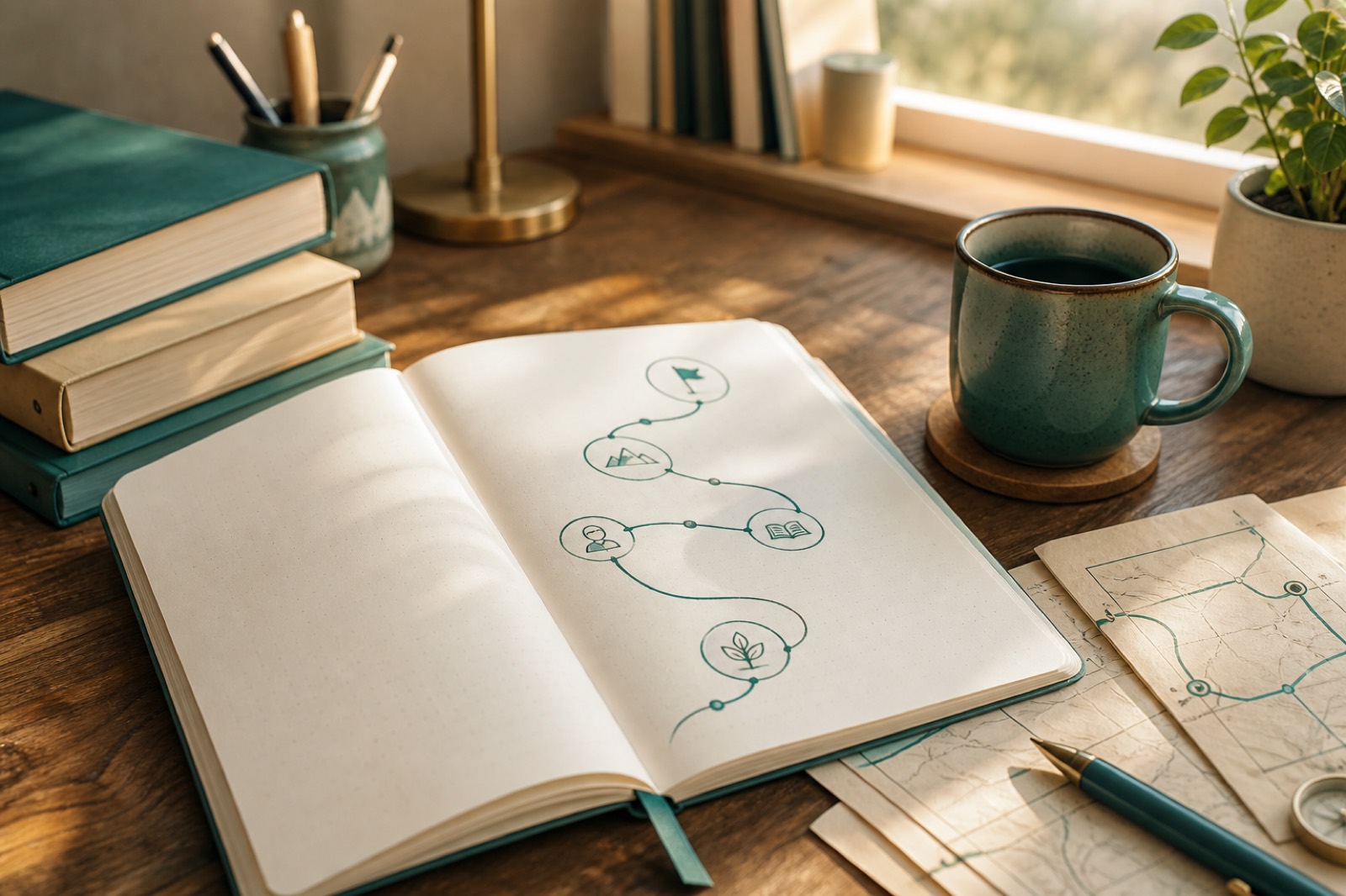 Open notebook on a sunlit desk with a teal learning-path sketch, books, and a mug.
