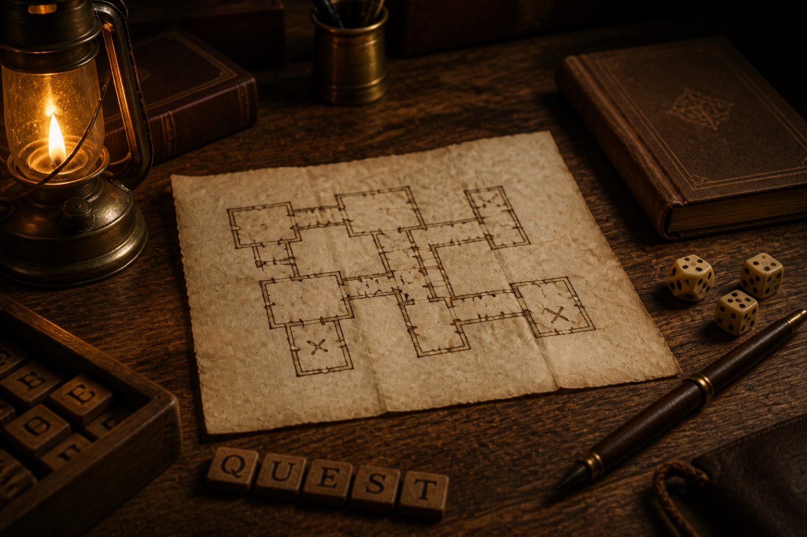 Parchment dungeon map, wooden letter tiles spelling QUEST, dice, and a brass lantern on a wooden desk.